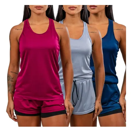 Kit 3 Conjutos Fitness 3 Regata E 3 Shorts 2em1 Feminino