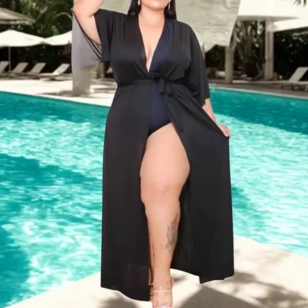 Saída De Praia Longa Vestido Canga Manga Kimono Plus Size