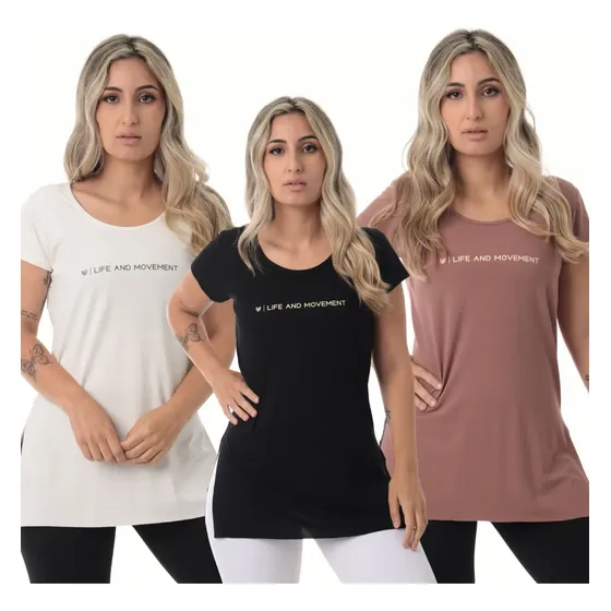 Kit 3blusa Feminina Fitness Life And Moviment Mar/pre/marfim