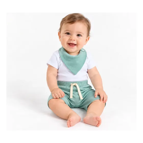 Conjunto Bebê Menino Body Liso, Bermuda E Babador Combinando