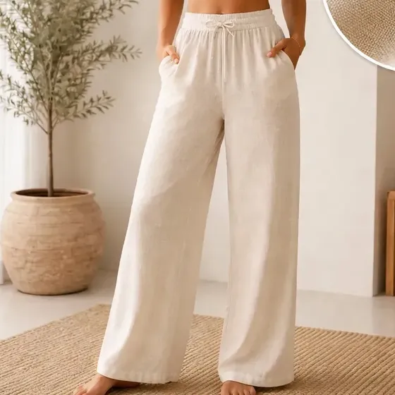 Calça Pantalona Cru Wide Leg Cós Elastico Saída Praia Jeans
