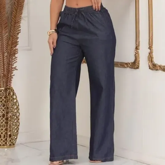 Calça Tipo Jeans Pantalona Com Elástico Cós Alto Wide Leg