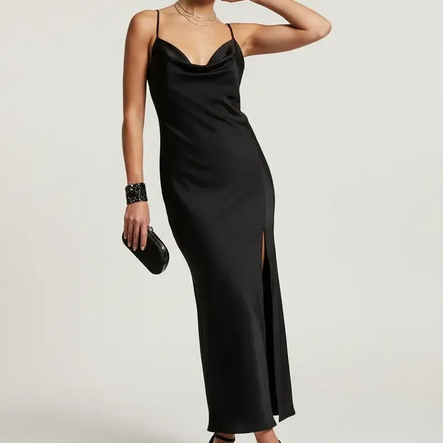 Vestido Midi Feminino Fenda Slip Dress Gola Degâge Costa Nua