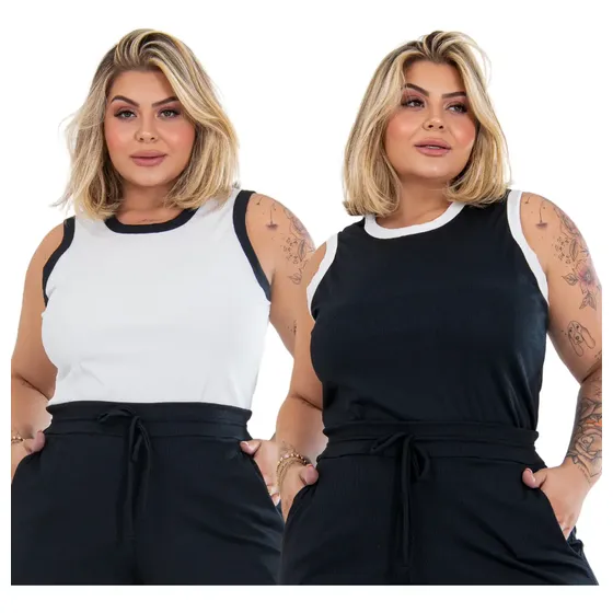 Kit 2 Regatas Plus Size Bicolor Blusa Feminina Malha Até G4