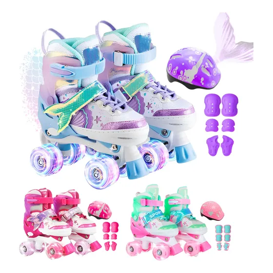 Patins Infantil Ajustável Kit Proteção Rodinha Led 4 Rodas