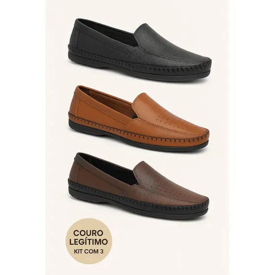 Kit 3 Pares De Sapatilha Mocassim Em Couro Legitimo Drive