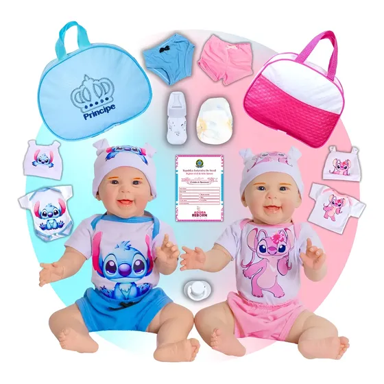 Bebê Reborn Boneca Mayze Gêmeos Stitch E Angel Com Bolsa