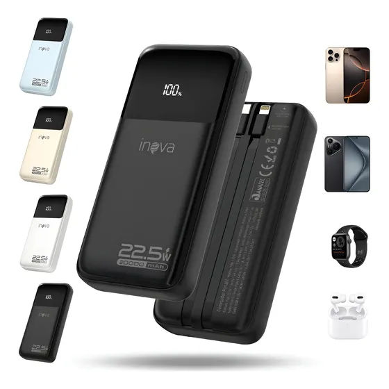 Power Bank 20000mah Portátil Rápida 22.5w Com Cabo Embutido