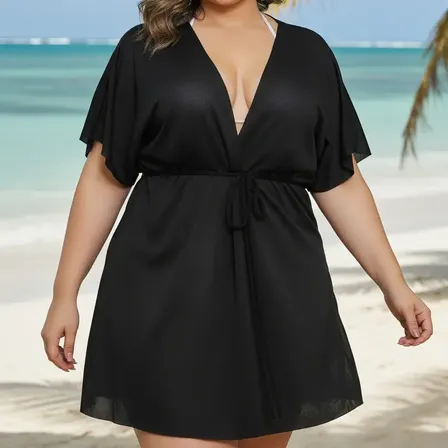 Saída De Praia Vestido Curto Canga Manga Kimono Plus Size