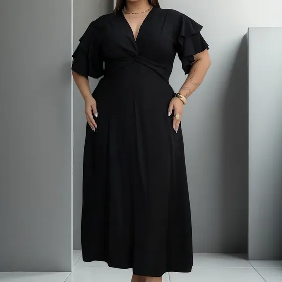 Vestido Plus Size Longo Com Decote Cruzado E Manga Babada