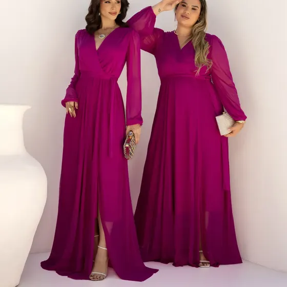 Vestido Longo De Tule Manga Longa Yasmim