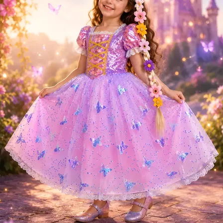 Fantasia Infantil Menina Vestido & Tiara Rapunzel Princesas