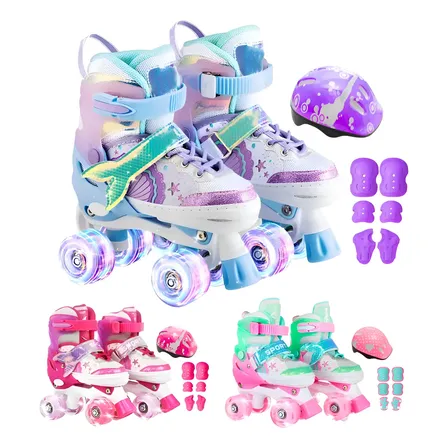 Patins Led Infantil Ajustável Rodinha 4 Rodas Kit Proteção
