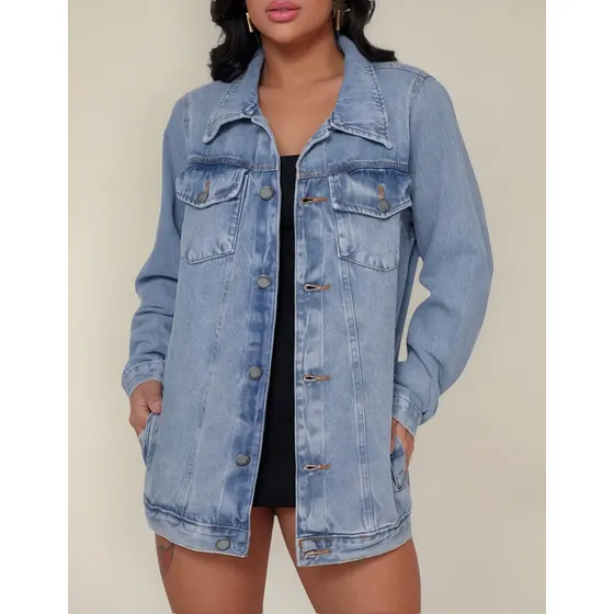 Jaqueta Jeans Feminina Comprida Com Bolso Over Premium