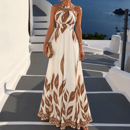 Vestido Feminino Longo Costa Nua Decote Aberto Estampa Folha