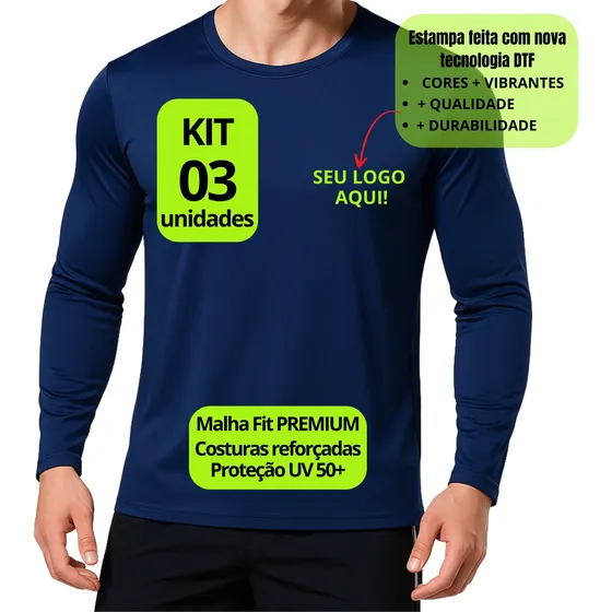 Kit 03 Uniforme Uv 50+ Logo Personalizado Camiseta Camisa