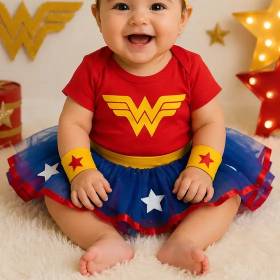 Body Temático Saia Mesversario Bebe Infantil Mulher Marvilha