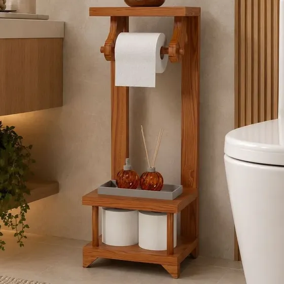 Suporte Porta Papel Higiênico Chão Com Organizador Madeira