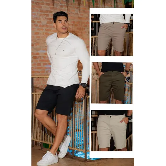 Bermuda Masculina Casual Em Sarja Com Bolso Faca Com Lycra