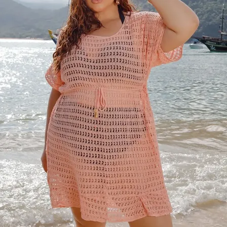 Saída De Praia Plus Fechada Tricô Modelo Vestido Com Manga
