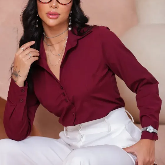 Camisa Camisete Social Feminina Manga Longa Tricoline