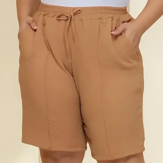 Bermuda Feminina Alta Plus Size Tecido Duna Cordão Verão