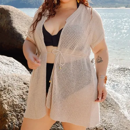 Saída De Praia Plus Aberta Tricô Manga Curta Verão Piscina