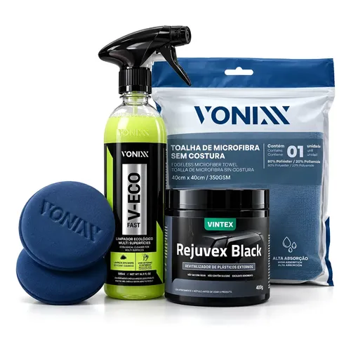 Kit Produtos Vonixx Limpeza V-eco 500ml + Revitalizador De Plásticos Rejuvex Black 400g + Flanela + 2 Aplicadores