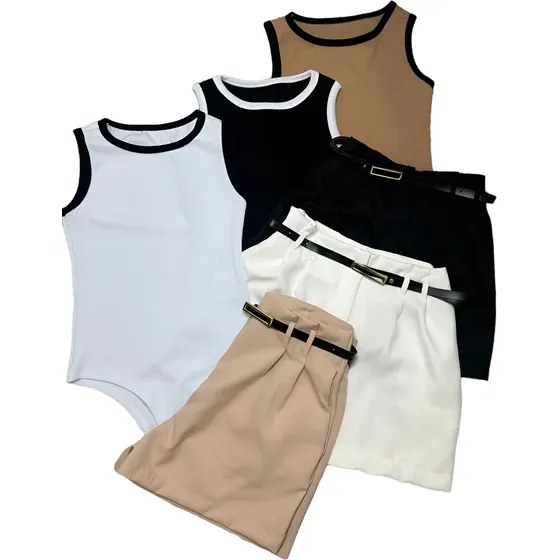 Kit 3 Short Alfaiataria 3 Body Bicolor Preto Bege E Branco