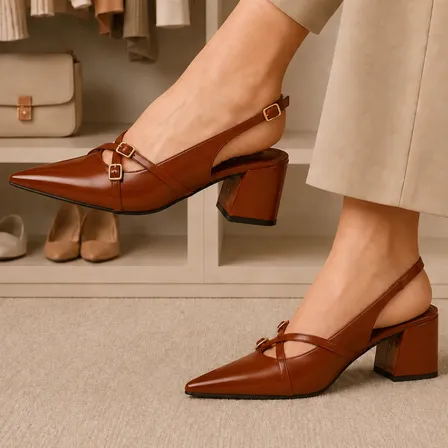 Sapato Slingback Salomé Bico Fino Feminino Salto Grosso