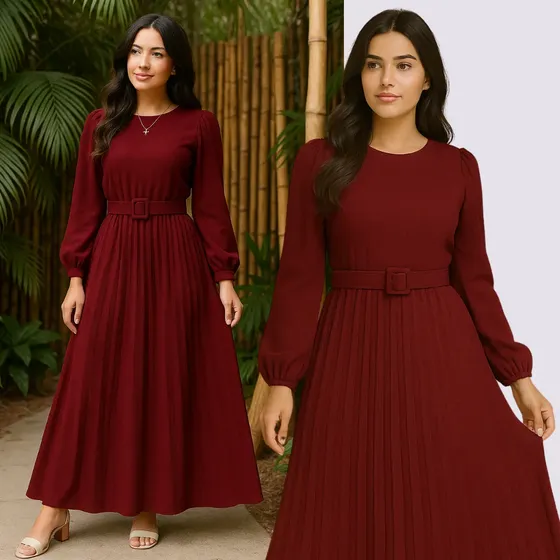 Vestido Evangélico Manga Longa Inverno Plissado Com Cinto