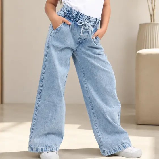 Calça Jeans Wide Leg 100% Algodão Infantil Elástico Clochard