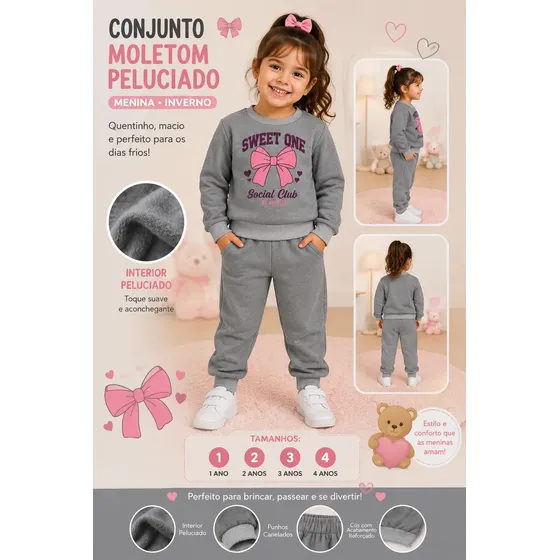 Conjunto Moletom Infantil Menina Inverno Peluciado Laço