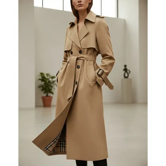 Trench Coat Feminino Elegante De Abotoamento Duplo Coreano