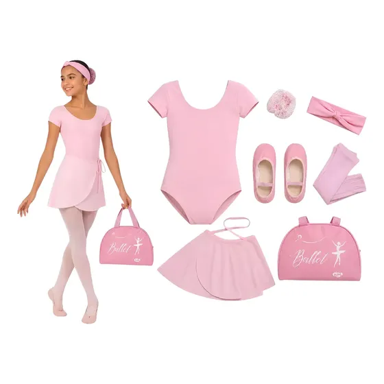Kit Ballet 7 Itens Rosa Meia Manga + Saia Transpassada Balé