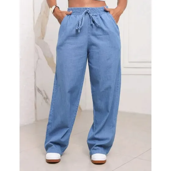 Calça Jeans Feminina Pantalona Cos Elástico Pequenos Defeito