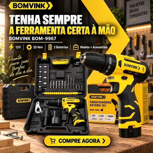 Parafusadeira Furadeira 12v Bomvink 2 Baterias Kit Maleta