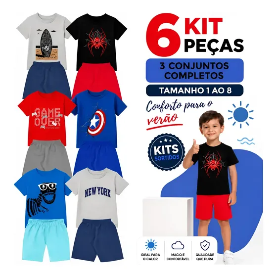 Kit Roupa Infantil Menino 6 Peças 3 Conjuntos