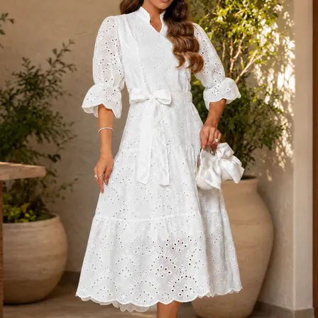 Vestido Femino Midi Algodão Forrado Faixa Elegante Festa