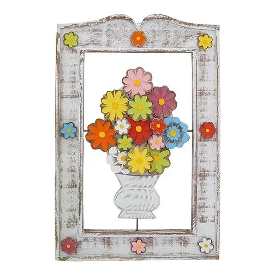 Quadro Vasado Rustico Demolição Com Flores Em Madeira