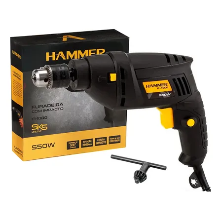Furadeira De Impacto 3/8 Pol 550w Hammer Fi-1000 Preto 127v 50/60hz