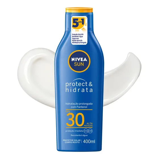 NIVEA Protetor Solar Protect & Hidrata FPS 30 400ml, Alta Proteção UVA/UVB, Hidratação Prolongada, Rápida Absorção, Pantenol, Cuidado Solar Corporal e Facial