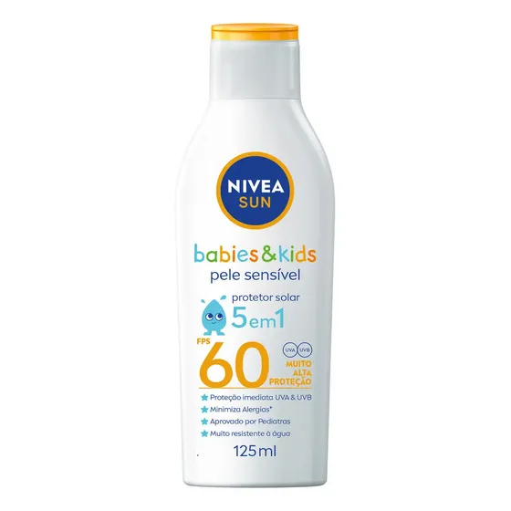 NIVEA SUN Protetor Solar Kids & Babies Pele Sensível FPS 60 125ml, Muito Alta Proteção UVA/UVB, Resistente à Água, Reduz Alergias, Proteção Solar Infantil