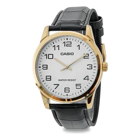 Relógio Pulseira Casio Enticer Mtp-v001gl-7budf Pulseira De Couro Preta, Caixa Dourado Preto Branco