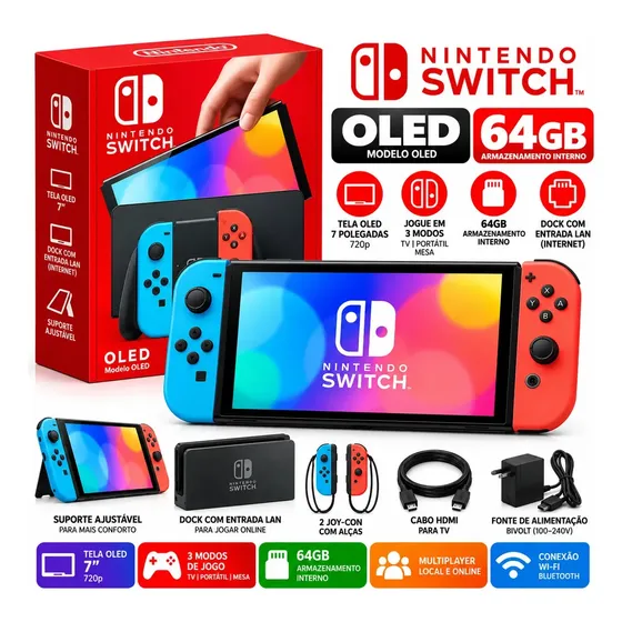Nintendo Switch OLED 64GB - Controle Azul e vermelho neon