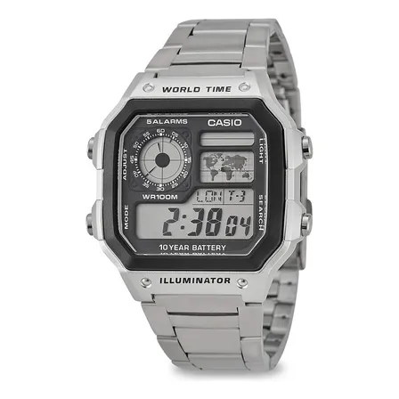 Relógio Casio AE-1200WHD-1 Masculino Word Time Prata Quadrado Cor da correia Prateado