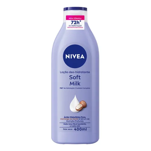 NIVEA Loção Deo-Hidratante Soft Milk 400ml, Hidratação Profunda 72h, Hialurônico Puro, Corporal, Pele Seca