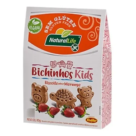 Biscoito Bichinhos Kids Sabor Morango Vegano Sem Glúten Natural Life 80g