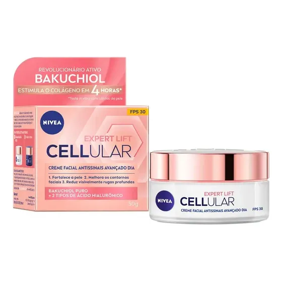 NIVEA Creme Facial Antissinais Cellular Lift Dia FPS 30 50ml, Fortalece a Pele, Reduz Rugas, Estimula Colágeno, Bakuchiol Puro, Cuidado Diário
