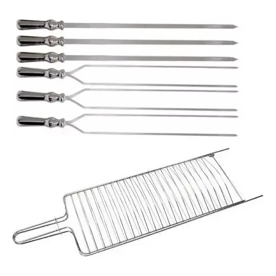 6 Espetos Para Churrasco Churrasqueira 50cm + Grelha Inox